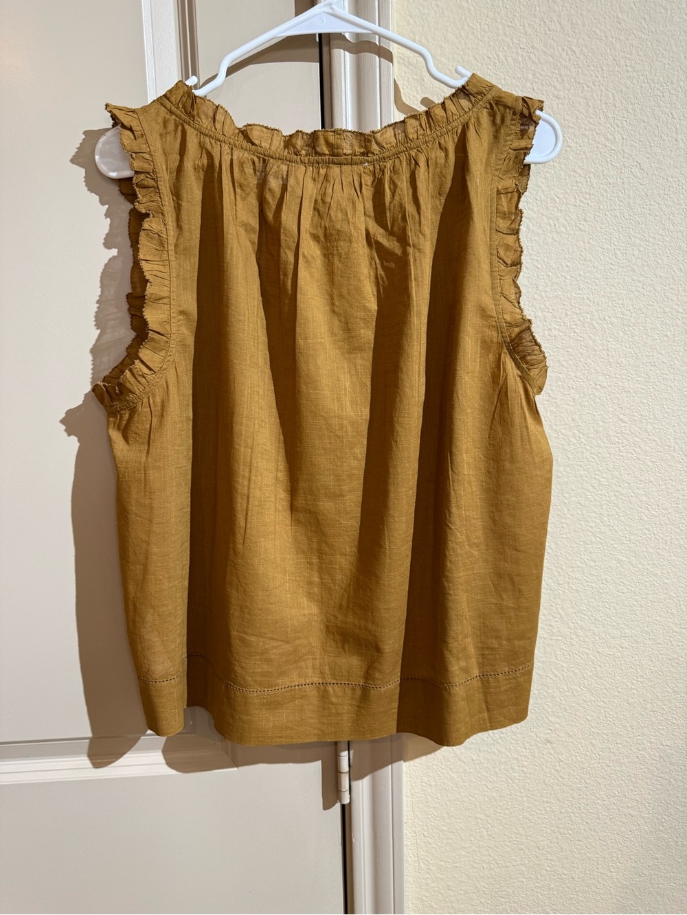 THE GREAT. Sleeveless Button-Front Ruffle Trim Top, Tank Top - Warm Caramel - Picture 9 of 12